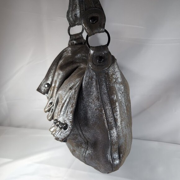 7 For All Mankind Leather Purse Shoulder Bag Silver Distressed Studded Hobo Flap - Picture 4 of 16